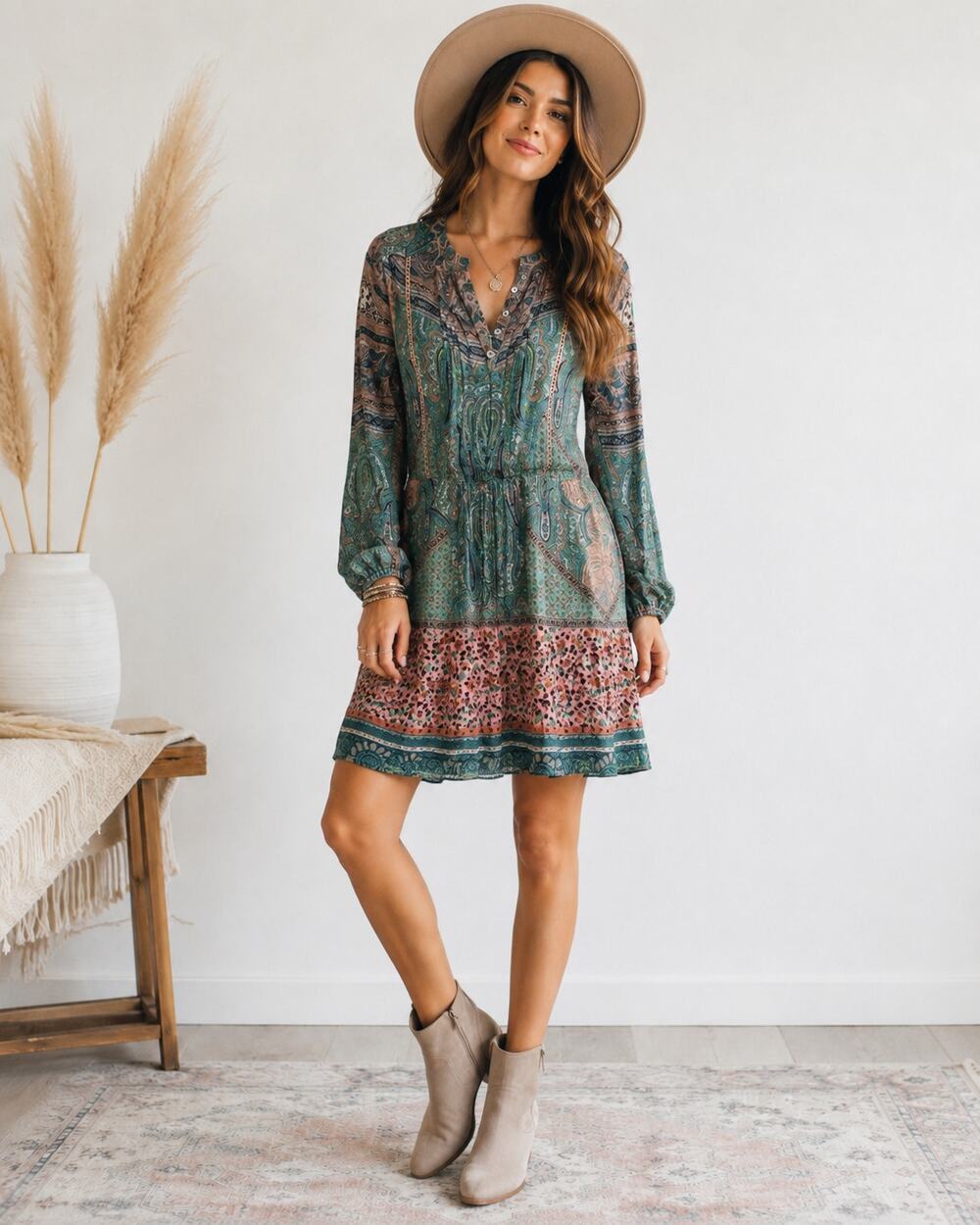 Sundance Green Paisley Mixed-Print Long-Sleeve Boho Dress